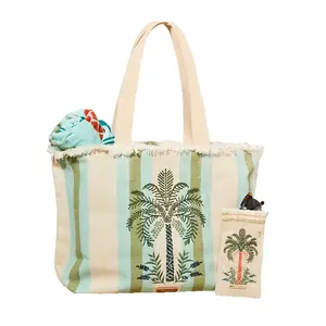 High Quality Women Canvas Cotton Embroidery Tassels Boutique Travel Shopping Bags Holiday Beach Tote Bag
