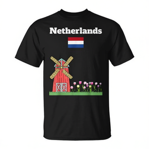 T-Shirt Promozionale Souvenir Olandese con Mulino a Vento, Tulipani e Bandiera Olandese - Product Image 2