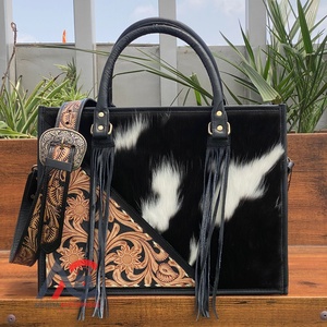 À la mode grande capacité usiné à la main en cuir véritable femmes sac fourre-tout cheveux sur cuir de vachette épaule sac à main sacs portables - Product Image 1