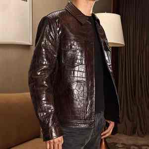 Veste en cuir de crocodile de luxe pour hommes Veste plaquée peau de vache avec cuir de crocodile - Product Image 3