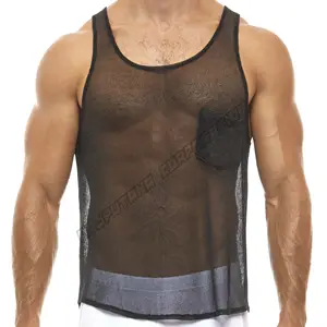 Camiseta masculina sem mangas singlet/colete, transparente, malha arrastão, camiseta com bolso na frente/regata sexy, clube, roupa de malha