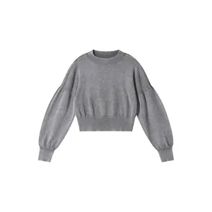 Cropped Knit Sweater with <b>Balloon</b> Sleeves Mineral Wash Embroidered Print Casual Winter Top - Product Image 1