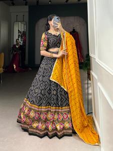 Tussar soie indien traditionnel lehenga choli nouveau concepteur dernier concepteur Bandhej et Patola impression avec feuille travail adulte - Product Image 6