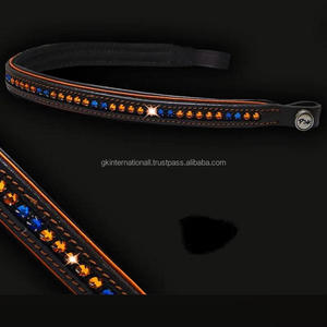 Banda de cuero negro para cejas de caballo, accesorio de lujo hecho a mano con relleno naranja combinado y naranja, 1 Fila de diamantes de imitación ostentosos de cristal - Product Image 6