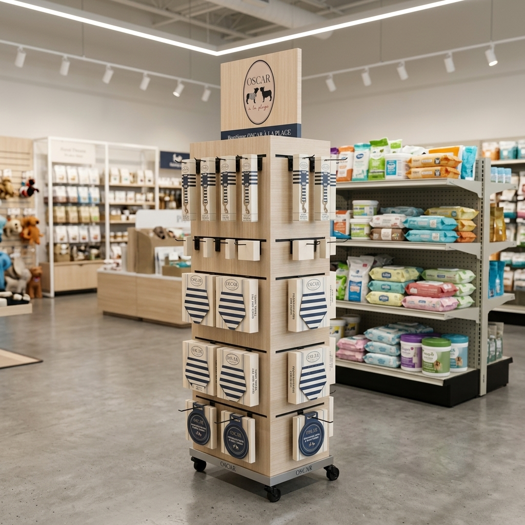 Custom Wooden Display Rack for Pet Supplies Rotating Dog Leash &Collar Display Rack with Brake Casters for Retail Pet Stores — view 2
