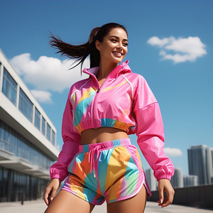 Conjuntos de pantalones cortos cortavientos Multipanel OEM para mujer, conjunto de dos piezas cortavientos con capucha y cremallera para lluvia, traje impermeable de nailon 100% para mujer - Product Image 4