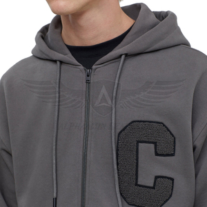 Personalizado hecho Chenille bordado carta cremallera Up College Hoodie transpirable poliéster algodón hombres sudaderas con capucha en tarifa al por mayor - Product Image 5