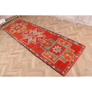 Alfombra Vintage, Alfombra Turca de 2.8x9.4 pies, Alfombra Persa de Lana Roja Marrón - Product Image 3