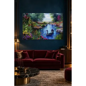 Impression sur toile de cygnes noirs Fida dans un étang de jardin fleuri - Product Image 4