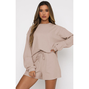 Spandex/poliéster sólido suelto de talla grande Casual cuello redondo sudaderas y pantalones cortos de dos piezas gimnasio Fitness conjuntos para mujeres - Product Image 5