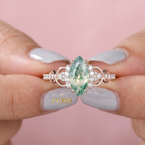 Bague de fiançailles en or 18 carats avec agate mousse marquise, bague halo torsadée infini de luxe - Product Image 6