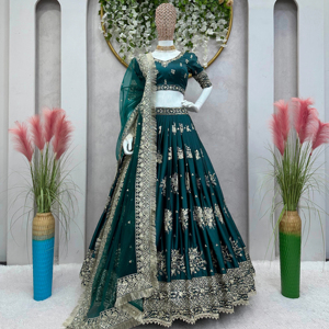 Vêtements de fête élégants Lehenga Choli Set Japan Jastin Tissu Fil avec paillettes Broderie & Four Side Lace Dupatta - Product Image 1