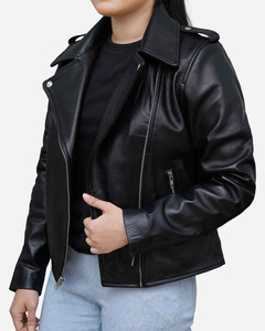 2025 veste en cuir de mouton véritable de haute qualité pour femmes recadrée avec ceinture à glissière personnalisée manteau de moto de haute qualité - Product Image 3