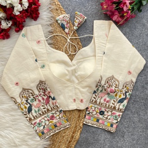 Blusa Khadi de algodón puro con cuello en V Hermoso estilo formal de verano Handloom bordado con tops modestos de múltiples hilos - Product Image 3