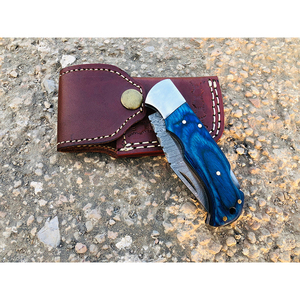 Cuchillo plegable de acero de Damasco personalizable de alta calidad con mango de hueso Funda de cuero OEM y bolsillo de madera para proyectos de bricolaje - Product Image 6