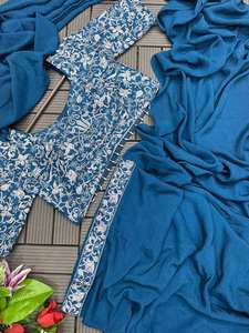 Saree en chinon lourd de vêtements de fête de créateur indien pakistanais avec broderie, chemisier Banglori cousu et ceinture - Product Image 6