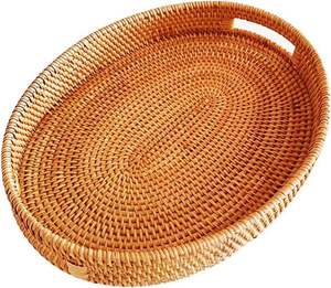 Bandeja de servicio de yute de ratán decorativa hecha a mano con acabado de incrustaciones de hueso Juego de 3 bandejas de servidor de alimentos de forma redondeada - Product Image 2