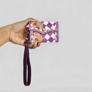 Purple Geometric Pattern Foldable Anti-Theft Card <b>Holder</b> Button Closure Unisex Fashion Short <b>Wallet</b> Genuine Leather Material - Product Image 2