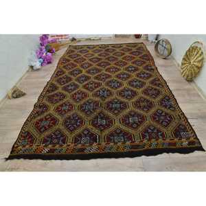 Turkish Large Rug, 6.2x10.2 ft Vintage Rug, <b>Red</b> Check <b>Wool</b> Rug - Product Image 1