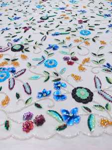 Luxury Evening Bridal Wear <b>Fabric</b> with Floral Embroidery Hand Beaded Glass Beads High Quality Woven Textile Fringe Trim - Product Image 2