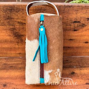 Nouveaux cheveux faits à la main sur la peau de vache Turquoise gland trousse de toilette pour femmes Western en cuir véritable sacs à cosmétiques pour le stockage de maquillage - Product Image 1