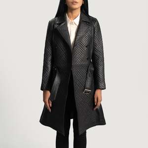 Abrigo de Gabardina Vintage Sweet Susan en Cuero Genuino Negro con Capucha y Relleno de Algodón, Largo e Impermeable para Otoño y Primavera - Product Image 4