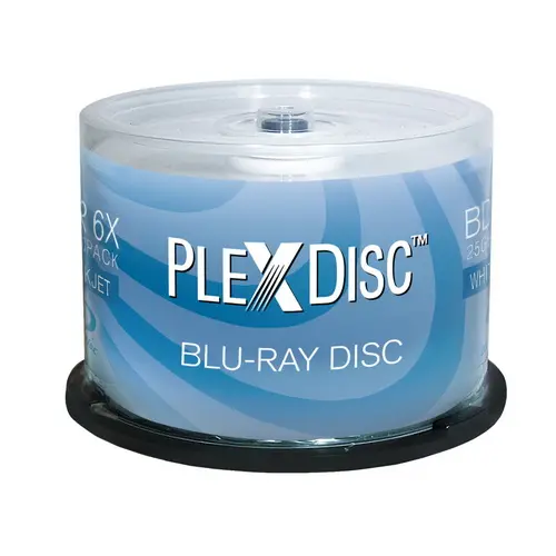 PlexDisc 633-214 BD-R enregistrable monocouche imprimable à jet d'encre blanc Blu-ray 25 Go 6X, boîte à gâteaux 50pk, 50 disques