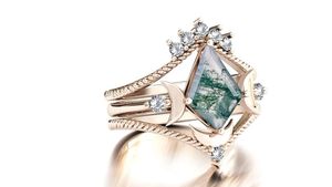 Antique Art Deco Moss Agate 925 <b>Silver</b> Wedding <b>Ring</b> <b>Set</b> Vintage Moon Design Prong Setting Engagement <b>Ring</b> Classic Bridal Jewelry - Product Image 5
