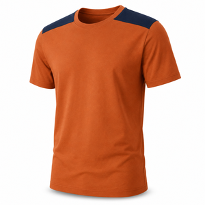 Camiseta de Algodón con Cuello Redondo Color Naranja Óxido Personalizada con Paneles en los Hombros Color Azul Marino, Ropa Casual para Hombre, Proveedor Mayorista - Product Image 3