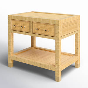 Modern Design 2-<b>Drawer</b> Solid Wood and <b>Rattan</b> Nightstand with LED Light Bedroom Furniture for Home Use - Product Image 4
