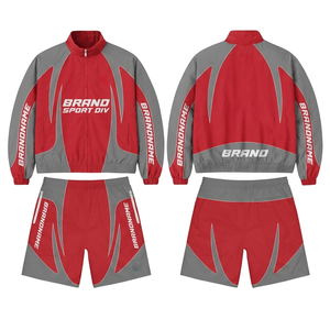 Ensemble court coupe-vent en polyester GSM pour homme, design à panneaux rouge et gris, logo sublimé, ensemble short et coupe-vent pour homme - Product Image 1