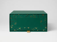 Boîte à chaussures de luxe en papier vert artistique avec tiroir, motif de Noël en feuille d'or, revêtement UV, gaufrage et ruban de tirage pour emballage cadeau de baskets