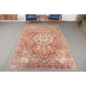 Alfombra turca grande de 6.6x9.7 pies, roja vintage con diseño geométrico y elementos florales. - Product Image 1