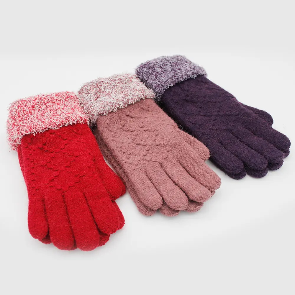 Reverse Folded Cuffs Lozenge Knitted Jacquard Winter Warm Double Layer Gloves