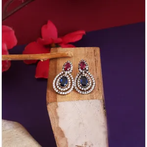 Magnifiques boucles d'oreilles pendantes en forme de goutte d'eau en rubis et saphir plaqué or 18 carats pour femmes - Product Image 2