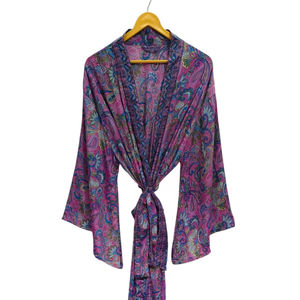 ชุดใส่ในเลานจ์ชุดกิโมโนผ้าไหมยาวถึงข้อเท้าชุดคลุมหลายสีชุดกลางคืนชุดคลุมชุดอินเดียวินเทจผ้าไหมส่าหรีสไตล์วินเทจ - Product Image 1