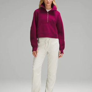 Pull court à manches longues pour femmes sweat-shirt décontracté veste polaire col montant demi-fermeture éclair poche kangourou imprimé pull d'hiver - Product Image 3