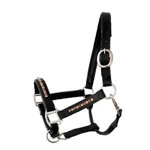 Licol de cheval Bling or rose diamant noir cuir noir équitation saut de cheval en cuir smart - Product Image 1
