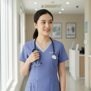 Blusa Médica de Manga Corta con Cuello en V Color Azul Periwinkle de Primera Calidad para Mujer, Uniforme Médico con Múltiples Bolsillos, Logotipo Personalizado, Enfermería y Atención Médica - Product Image 3