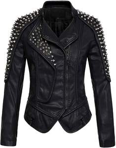 <b>Women</b> Black Leather Stylish <b>Jackets</b> with Studded on Shoulders & Collar High-Quality Material 100% Real Sheepskin Leather <b>Jackets</b> - Product Image 4