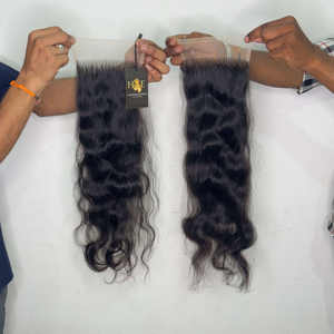 Paquet de cheveux humains tissés temple indien brut fermeture en dentelle bouclée faisceaux ondulés profonds frontaux avec fermeture frontale en dentelle HD - Product Image 1