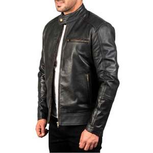 Leather Jacket Real Cowhide Leather Outerwear Zipper Closure <b>Band</b> Collar <b>Snap</b> Button Zipper Cuffs Classic Style for Men - Product Image 3