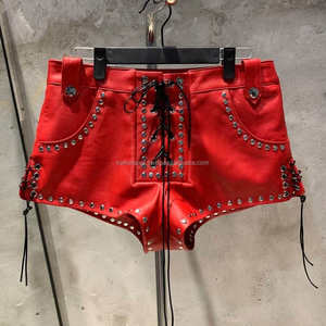 Fashionable Red Women Casual <b>Leather</b> Lace <b>Shorts</b> with Drawstring Closure Belt Loops Side Stripes for Party & Daily Wear - Product Image 1