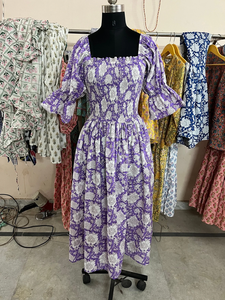 Hand Block Printed Indian Cotton Dress 100% Cotton Long Gown with Square Collar Casual Style Embroidered Indian <b>Tunics</b> - Product Image 6