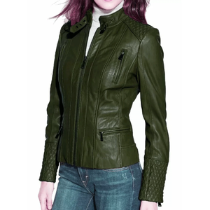 แจ็กเก็ตหนังขี่มอเตอร์ไซค์สำหรับผู้หญิงเสื้อแจ็คเก็ตนักขี่จักรยานหนังแกะแท้สีชมพู - Product Image 5