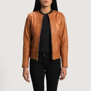 Elegante Chaqueta de Cuero Estilo Motero Color Bronceado Otoñal - Product Image 1