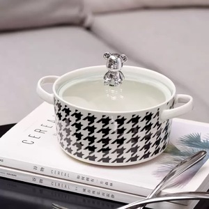 Bol à pâtisserie en céramique écologique à motif noir et blanc de style INS, bol à nouilles, bol à soupe avec couvercle - Product Image 5