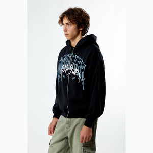 OEM Factory Men's Oversized Heavyweight Cotton <b>Zip</b>-<b>up</b> Hoodie Custom Logo Front Embroidery Black Zipper for Winter Digital - Product Image 3