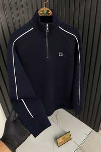 เสื้อวอร์มแขนยาวแบบสวมหัวมีซิปครึ่งแขนเสื้อลำลองมีลายทางแนวสตรีทแฟชั่น - Product Image 3