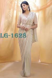 Off <b>White</b> Color Celebrity Inspired Sequance Work Saree Party Wear Saree Wedding Saree, Embroidered Work Saree with Work Blouse - Product Image 4